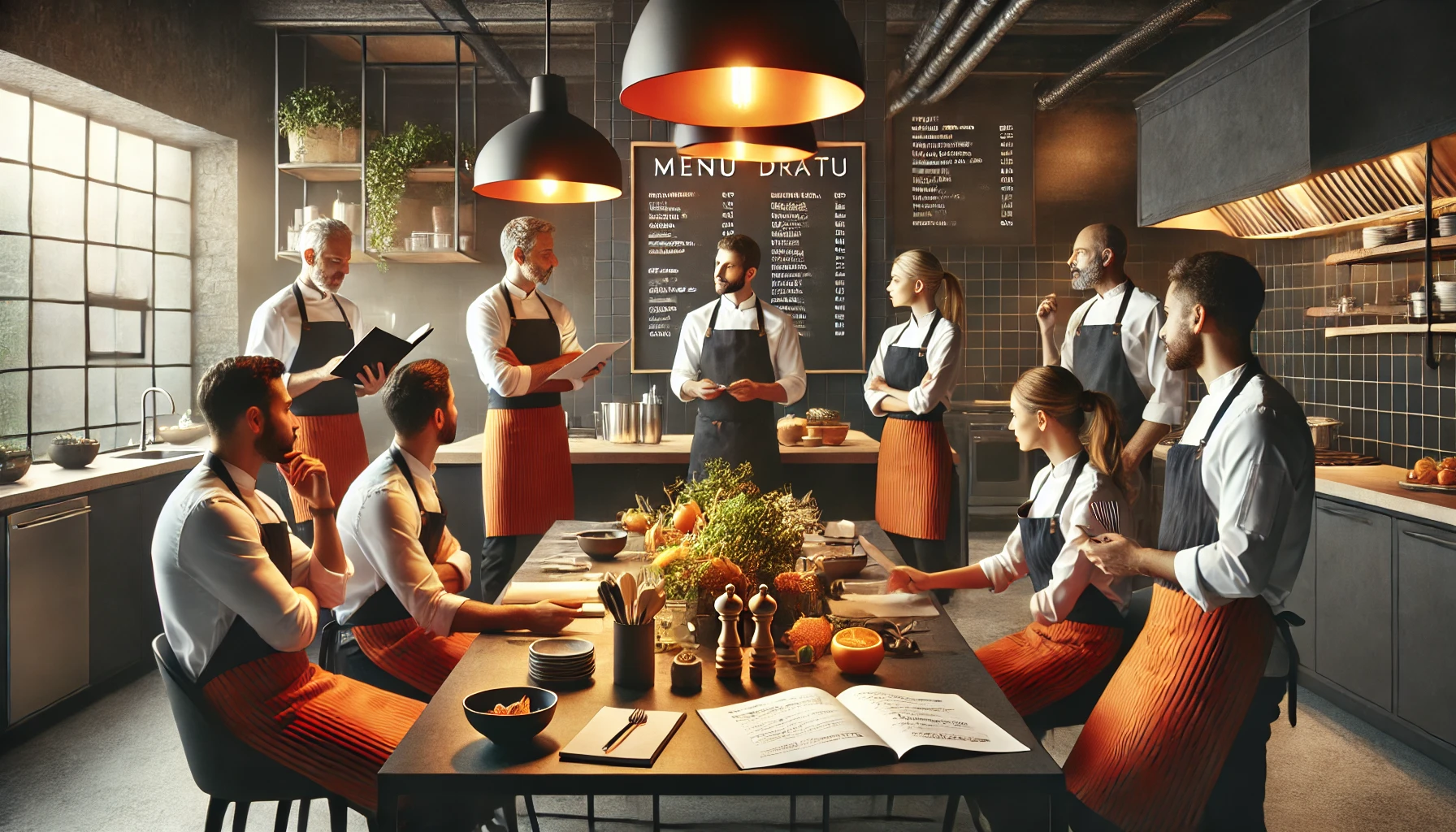 DALL·E 2024-12-10 10.52.10 - A visually engaging image depicting restaurant staff planning a menu in a modern kitchen setting, with orange and charcoal as the primary colors. The DALL·E 2024-12-10 10.52.10 – A visually engaging image depicting restaurant staff planning a menu in a modern kitchen setting, with orange and charcoal as the primary colors. The