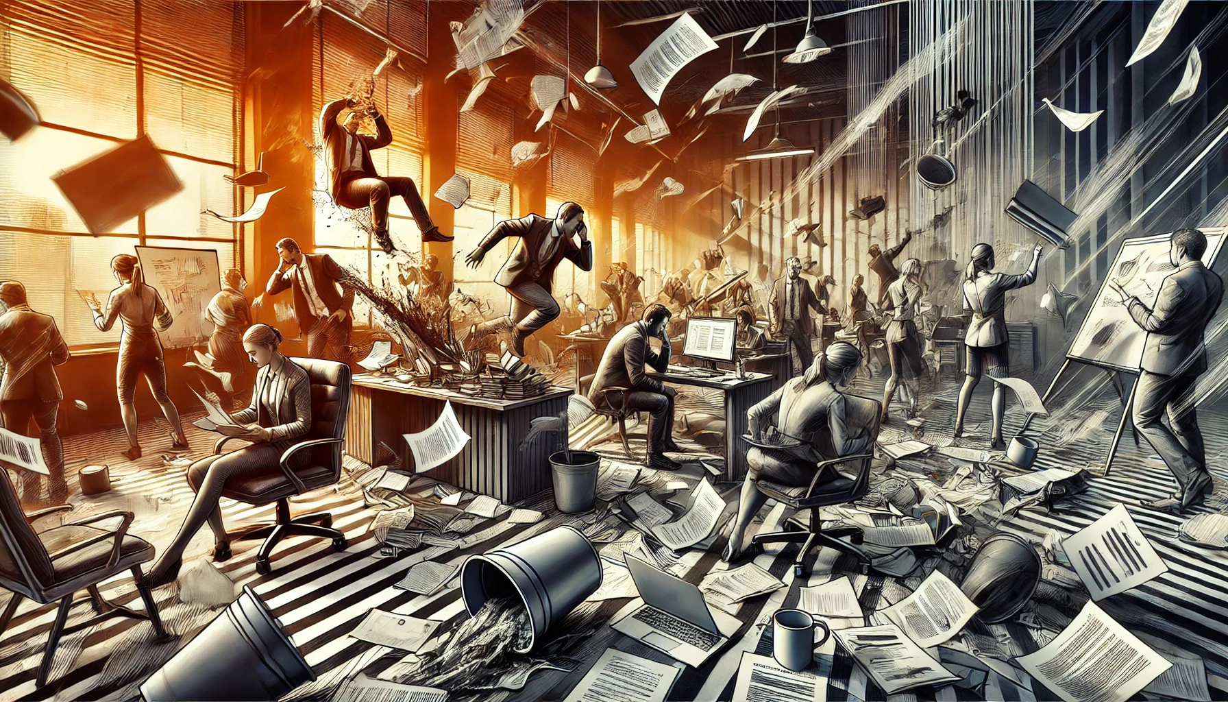 DALL·E 2024-12-10 10.58.18 - A dynamic and expressive image symbolizing chaos in a business setting and mistakes being made. The scene features a cluttered office environment with DALL·E 2024-12-10 10.58.18 – A dynamic and expressive image symbolizing chaos in a business setting and mistakes being made. The scene features a cluttered office environment with